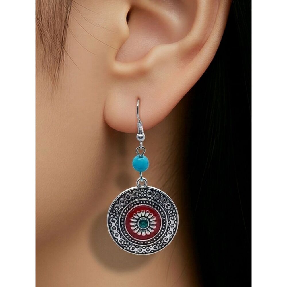 Turquoise Mandala Dangle Earrings Boho Southwestern Festival Silver Drop Artisan
